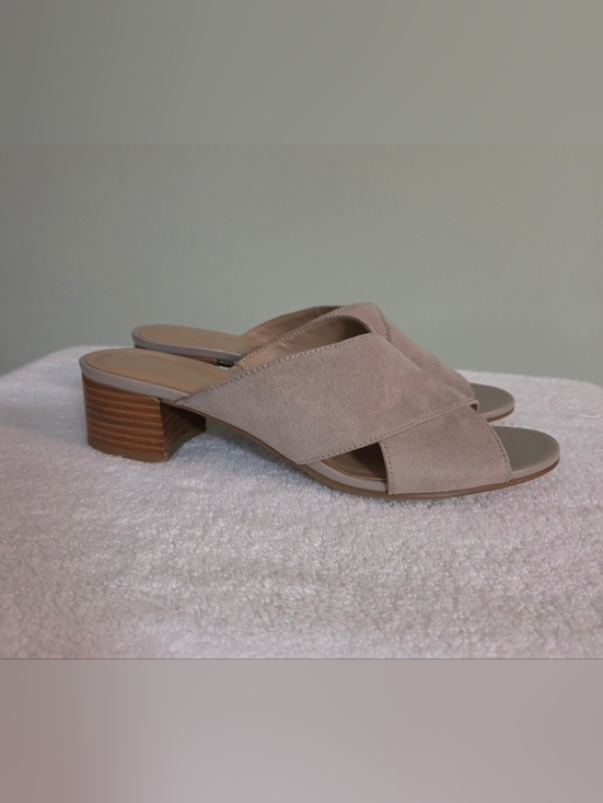 Naturalizer Shoes - Naturalizer- Arielle Taupe Suede Crisscross Low Heel Mules With N5 Technology